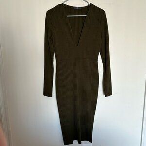 Deep V Olive Midi Dress